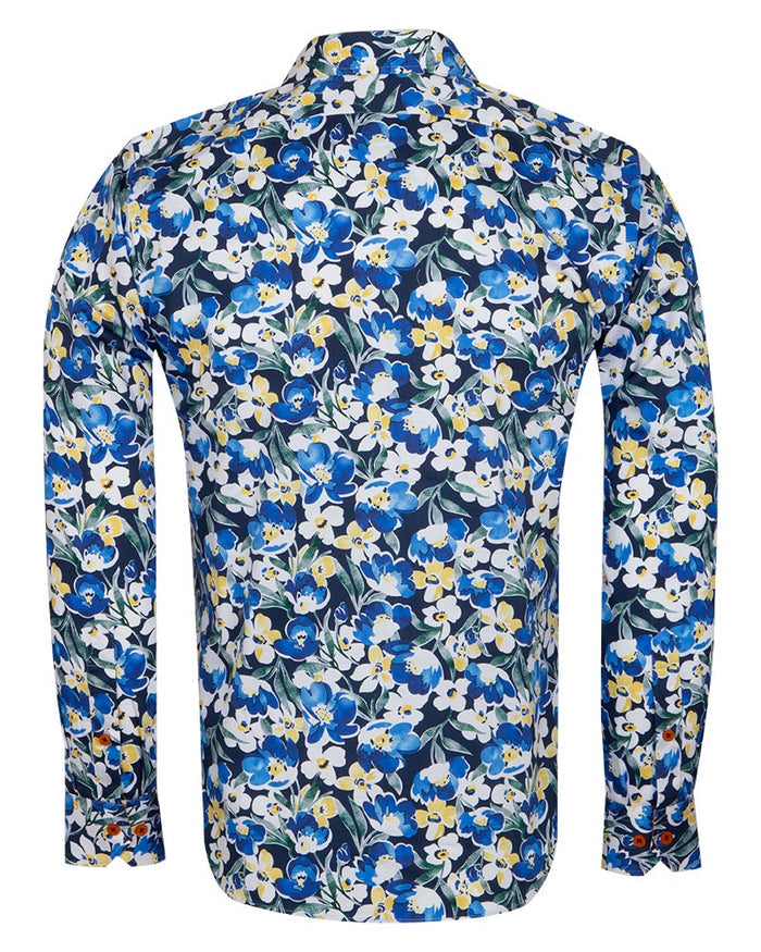 Blue Cosmos Flower Print Shirt with Matching Handkerchief-Makrom