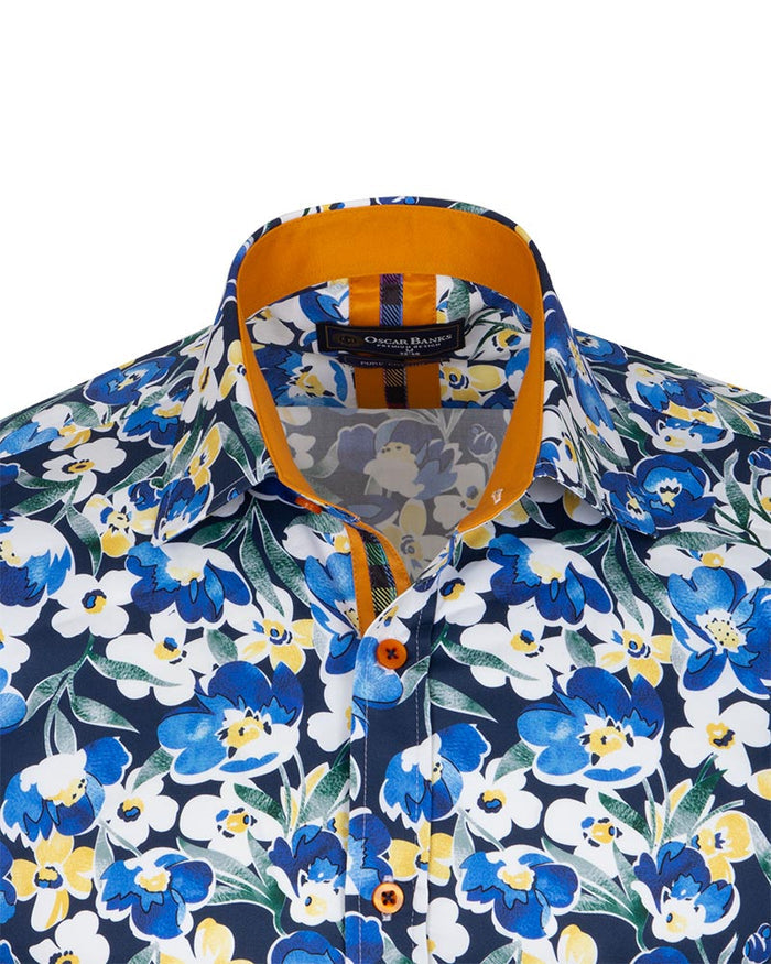 Blue Cosmos Flower Print Shirt with Matching Handkerchief-Makrom