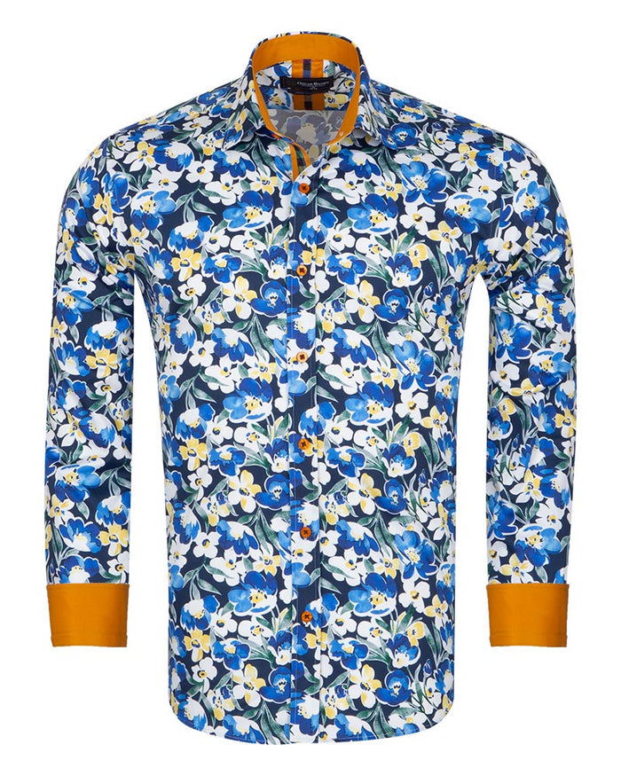 Blue Cosmos Flower Print Shirt with Matching Handkerchief-Makrom