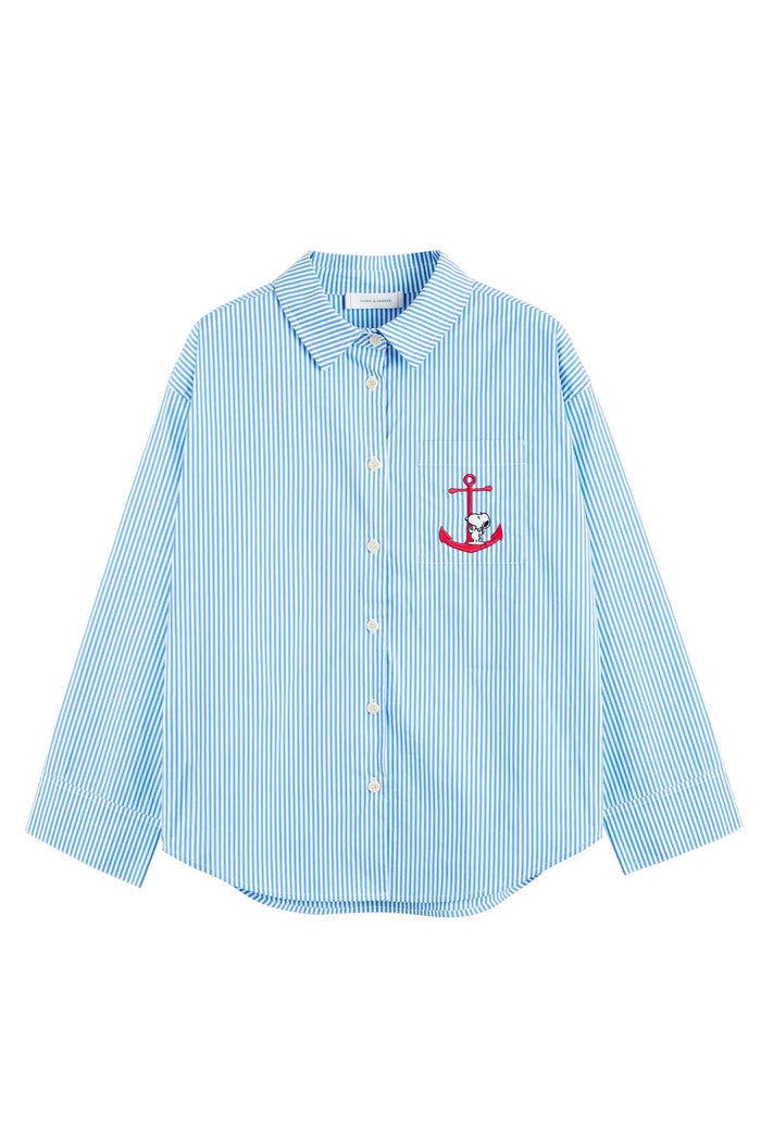 Light blue striped shirt with an anchor emblem on a white background