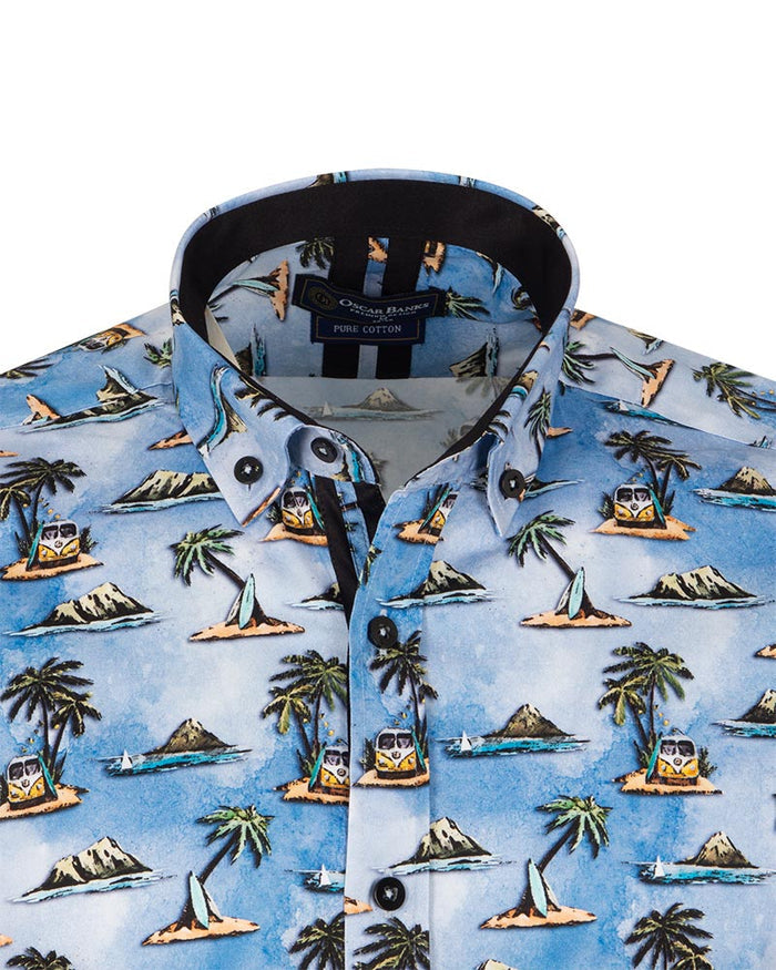 Blue Island Print Short Sleeve Shirt-Makrom