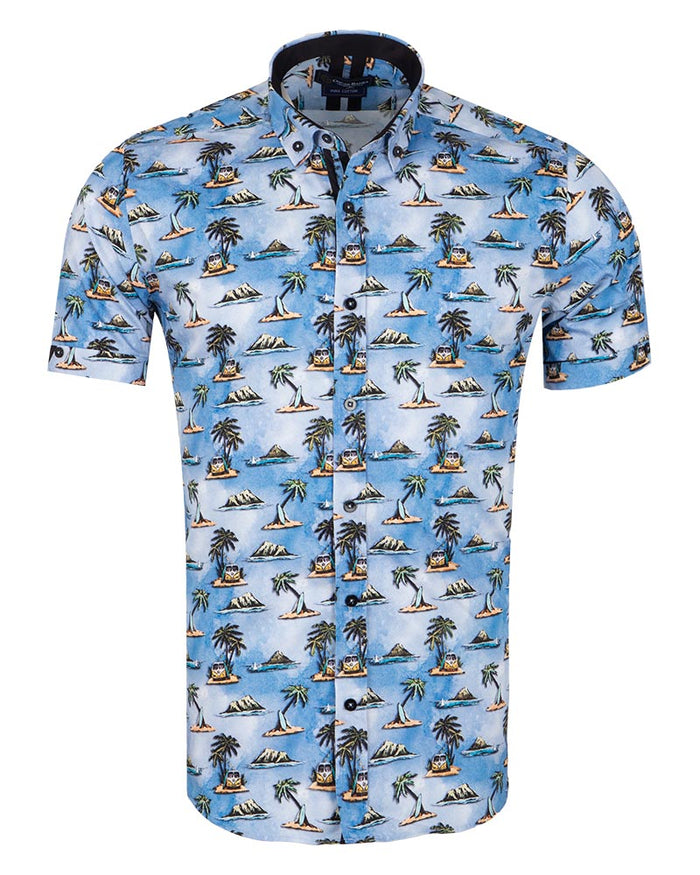 Blue Island Print Short Sleeve Shirt-Makrom