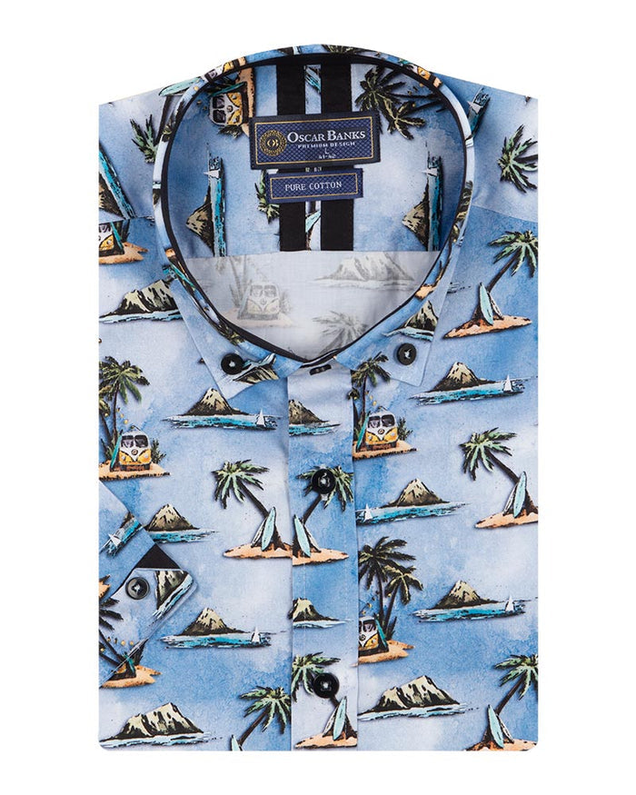 Blue Island Print Short Sleeve Shirt-Makrom