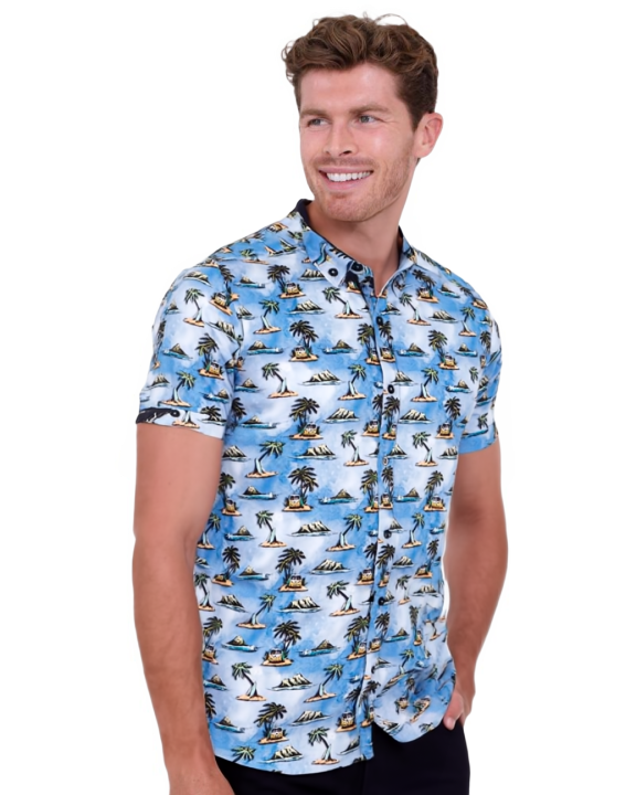 Blue Island Print Short Sleeve Shirt-Makrom