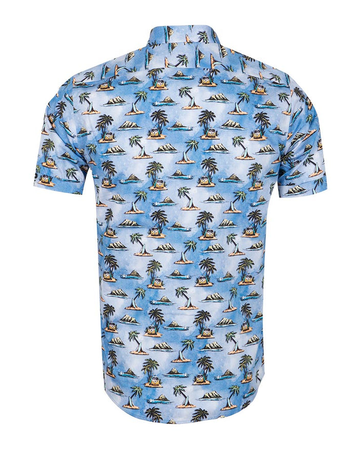 Blue Island Print Short Sleeve Shirt-Makrom