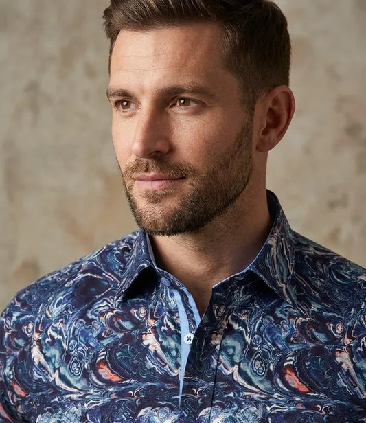 Blue Paisley Crust Print Shirt with Matching Handkerchief
