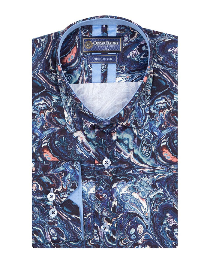 Blue Paisley Crust Print Shirt with Matching Handkerchief-Makrom