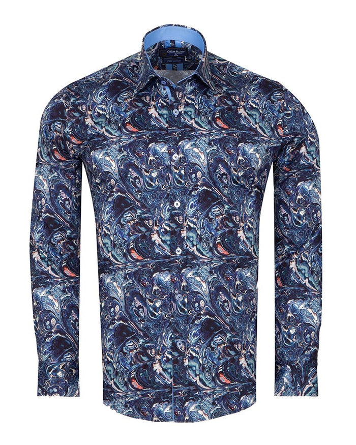 Blue Paisley Crust Print Shirt with Matching Handkerchief-Makrom
