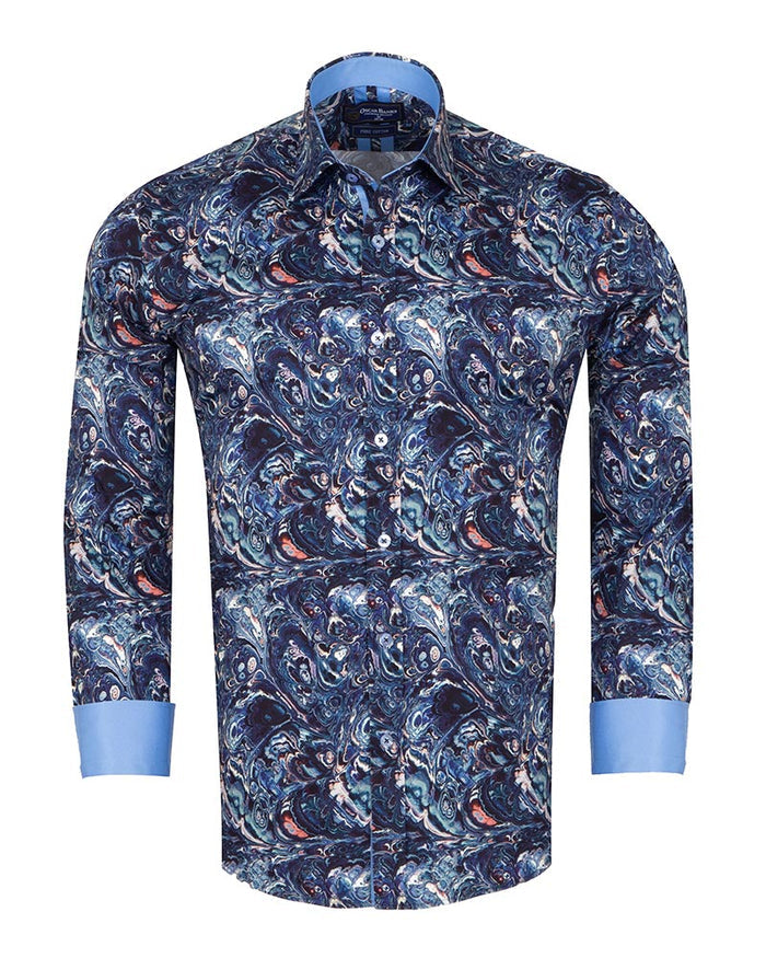 Blue Paisley Crust Print Shirt with Matching Handkerchief-Makrom
