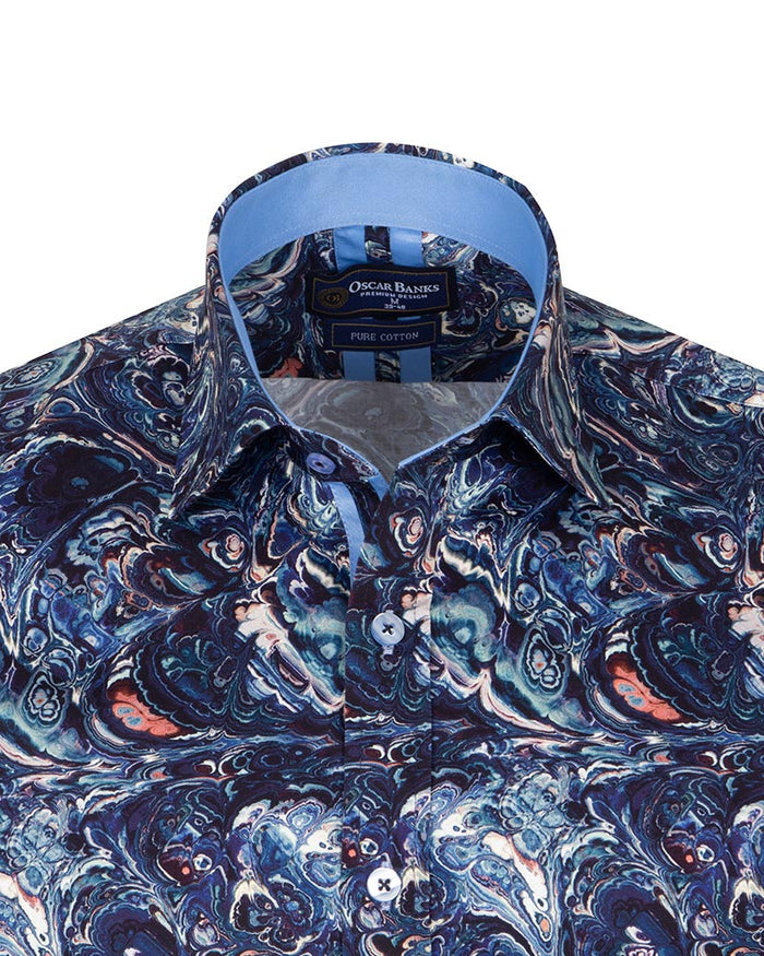 Blue Paisley Crust Print Shirt with Matching Handkerchief-Makrom