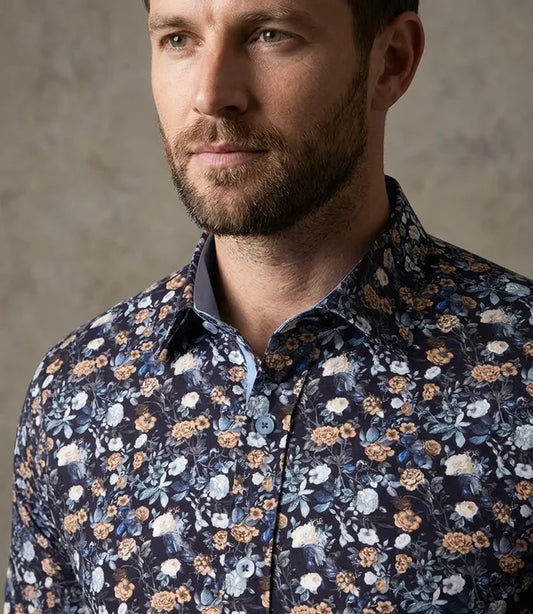 Blue Rose Print Men's Shirt with Matching Handkerchief
