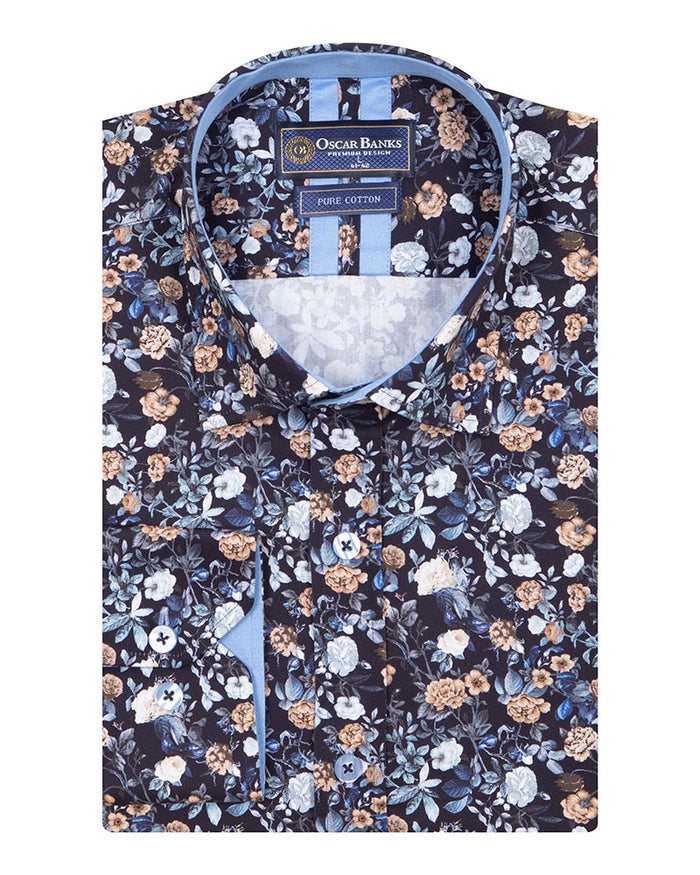 Blue Rose Print Men's Shirt with Matching Handkerchief-Makrom