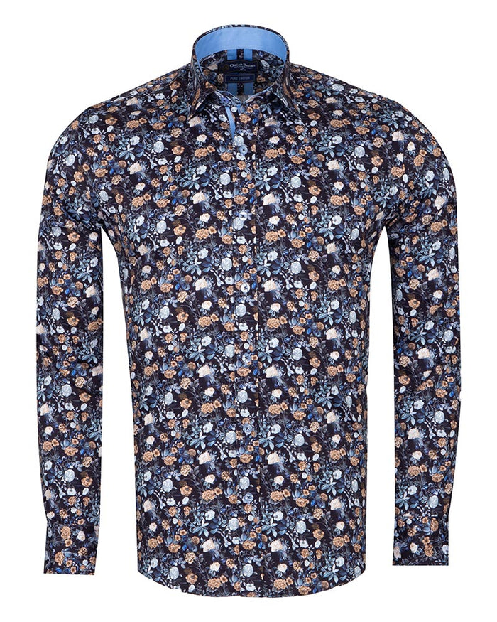 Blue Rose Print Men's Shirt with Matching Handkerchief-Makrom