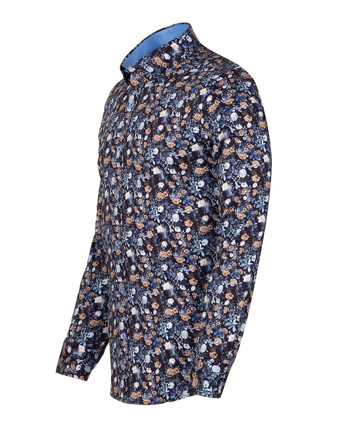 Blue Rose Print Men's Shirt with Matching Handkerchief-Makrom