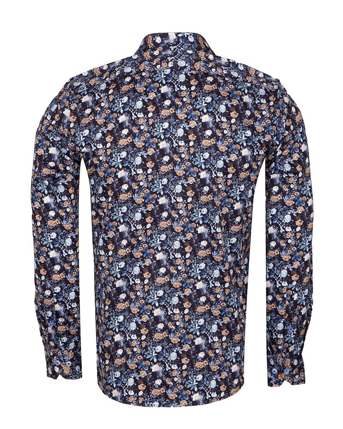 Blue Rose Print Men's Shirt with Matching Handkerchief-Makrom