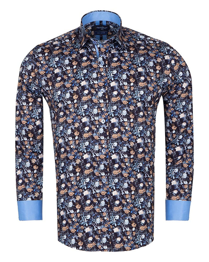 Blue Rose Print Men's Shirt with Matching Handkerchief-Makrom