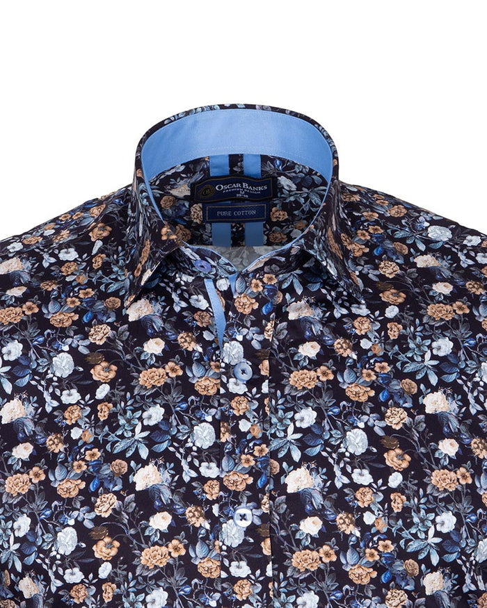 Blue Rose Print Men's Shirt with Matching Handkerchief-Makrom