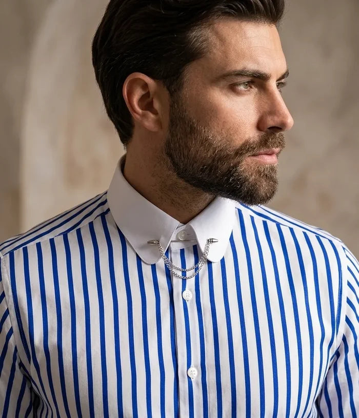 Blue Striped Men's Shirt Club Collar Pin Chain