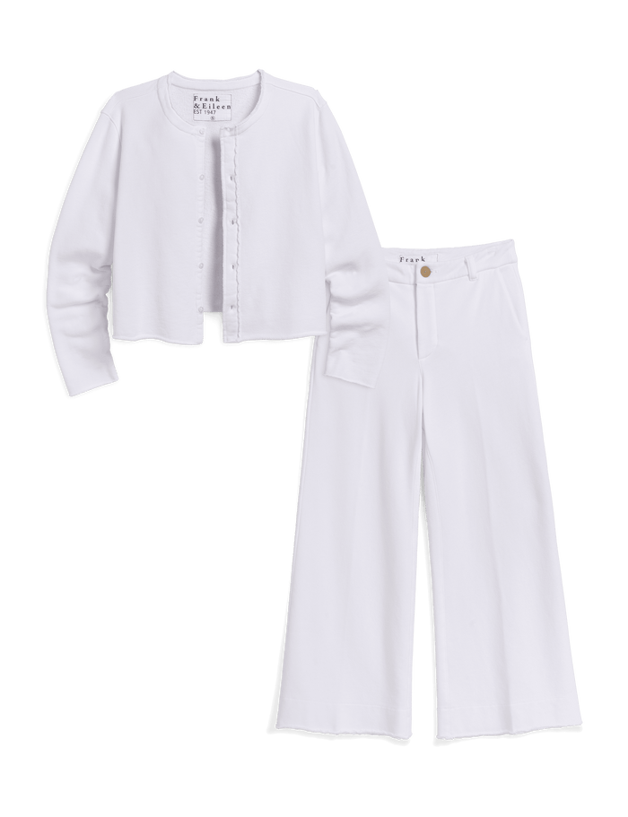 A two-piece women's outfit set in white, featuring a cropped cardigan-style top with a button front and matching wide-leg pants, displayed on a clean white background.