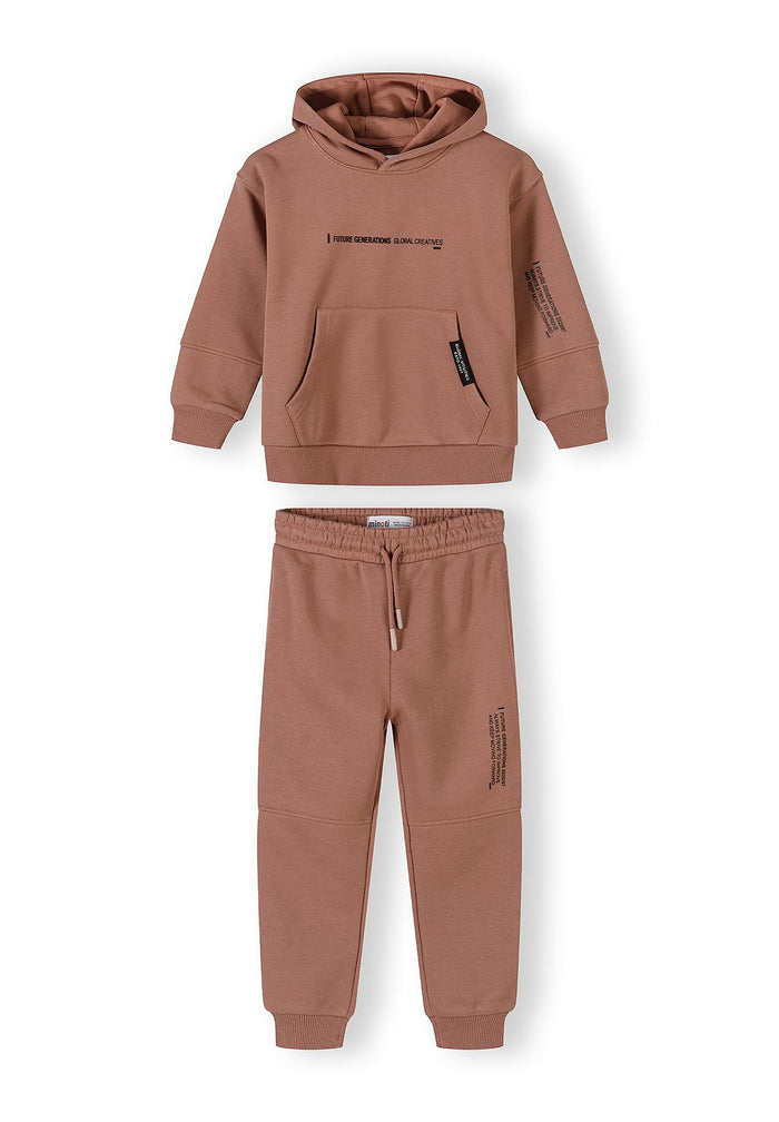 Hooded Tracksuit Set, Cognac, Slogan Print - 1