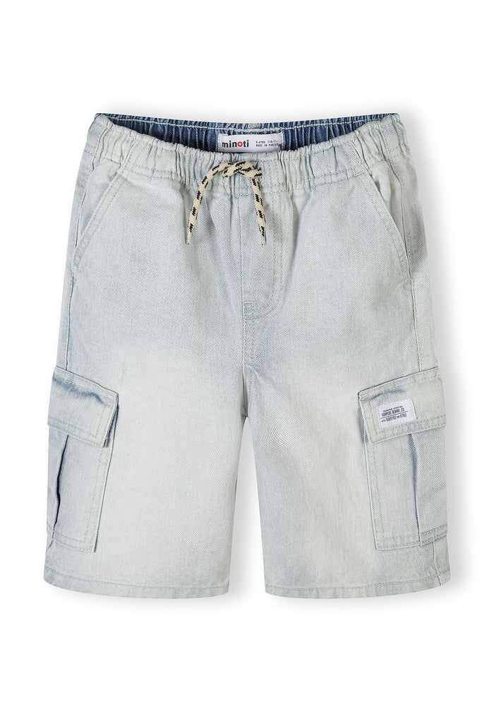 Boys light blue denim combat shorts, front view, featuring cargo pockets and elasticated waistband.