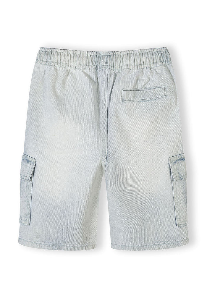 Back view of light blue denim combat shorts with cargo pockets.