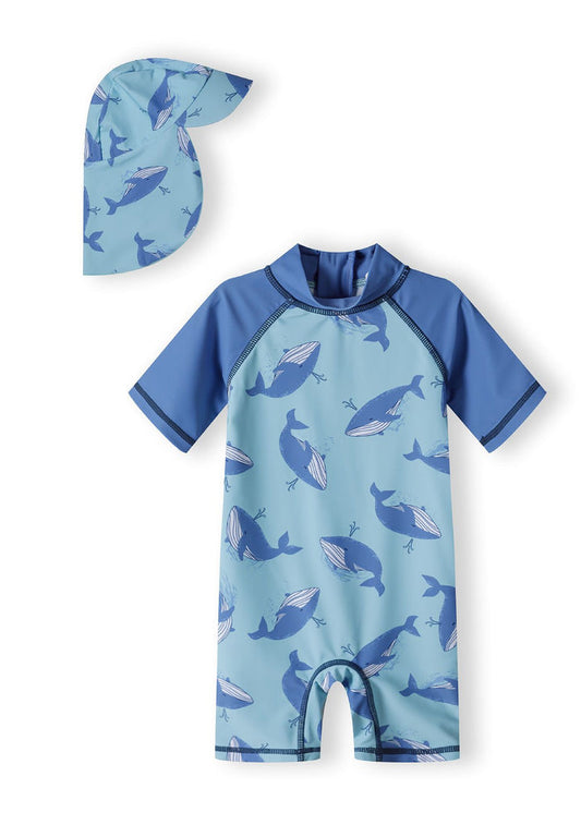 Whale Sunsuit and Hat Set, Blue, UPF Protection - 1