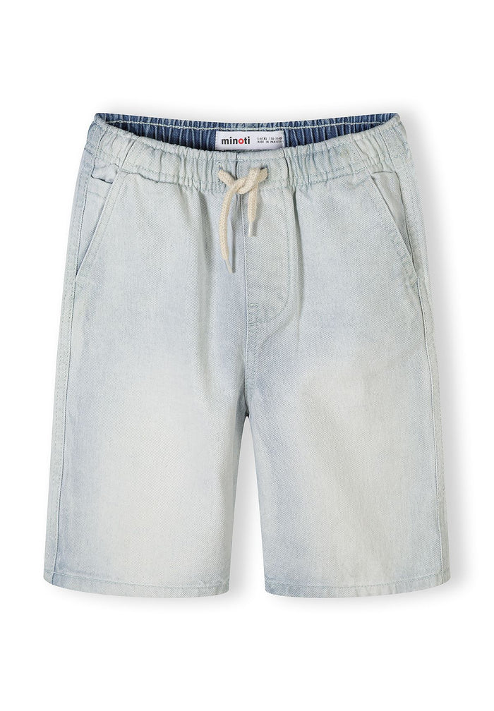 Boys' light blue pull-on denim shorts, front view, featuring elasticated waistband and front pockets.