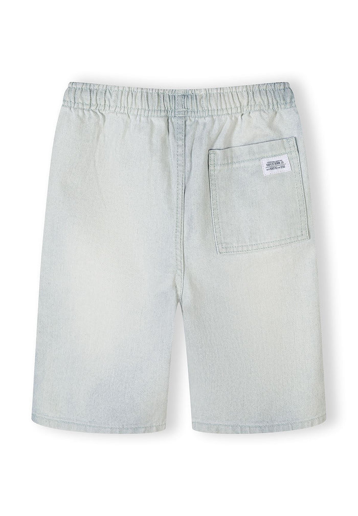 Back view of boys' light denim pull-on shorts with elastic waistband and back pocket.