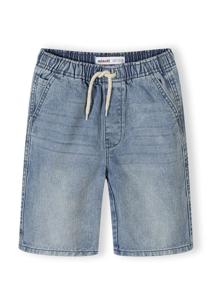 Boys' light blue pull-on denim shorts, front view with elasticated waistband and pockets.