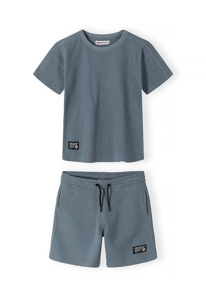 Waffle Jersey T-Shirt and Shorts Set, Blue Grey - 1