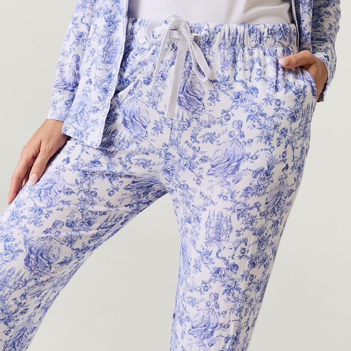 Blue and white floral pajama set on a plain background