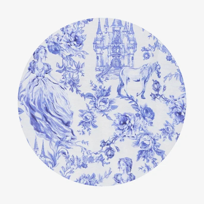 Circle swatch of blue floral and castle print