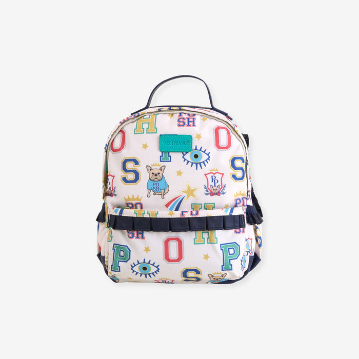 Backpack with colorful letter and graphic pattern on a white background