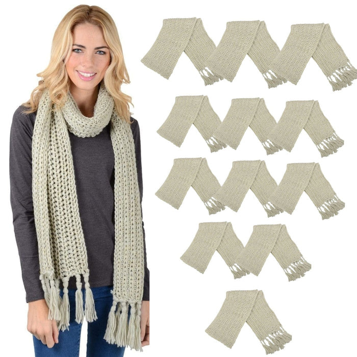 Bulk Of Pack 12 Womens Chunky Knit Natural Winter Scarf Fringed Gold