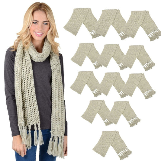 Bulk Of Pack 12 Womens Chunky Knit Natural Winter Scarf Fringed Gold