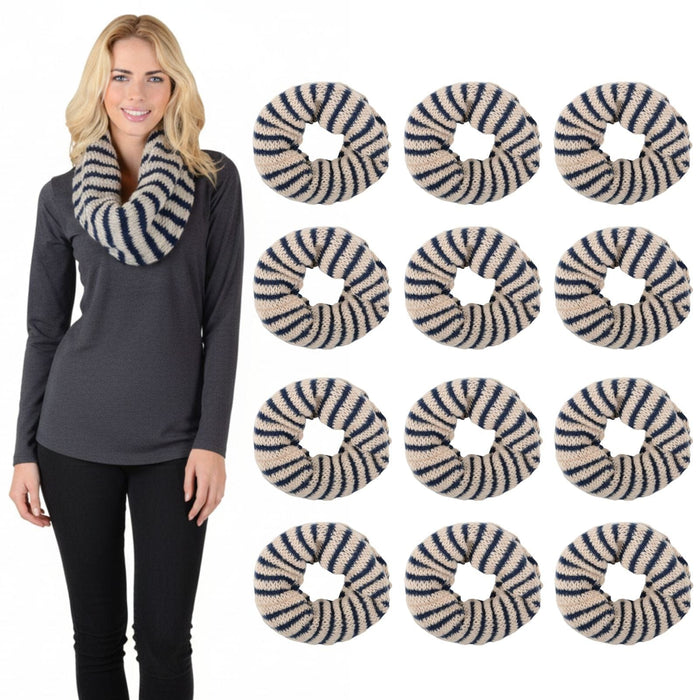 Bulk Of Pack 12 Womens Stripe Navy Beige Knit Snood Scarf Neck Warmer