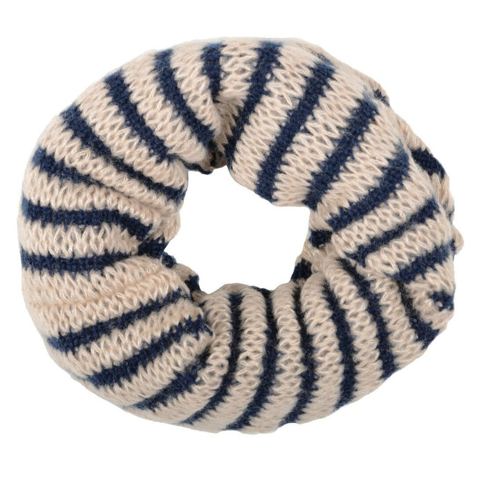 beige and navy knitted winter snood on white background