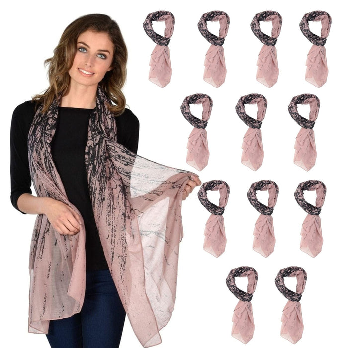Bulk Pack 12 Womens Pink Black Abstract Print Sheer Scarf Lightweight