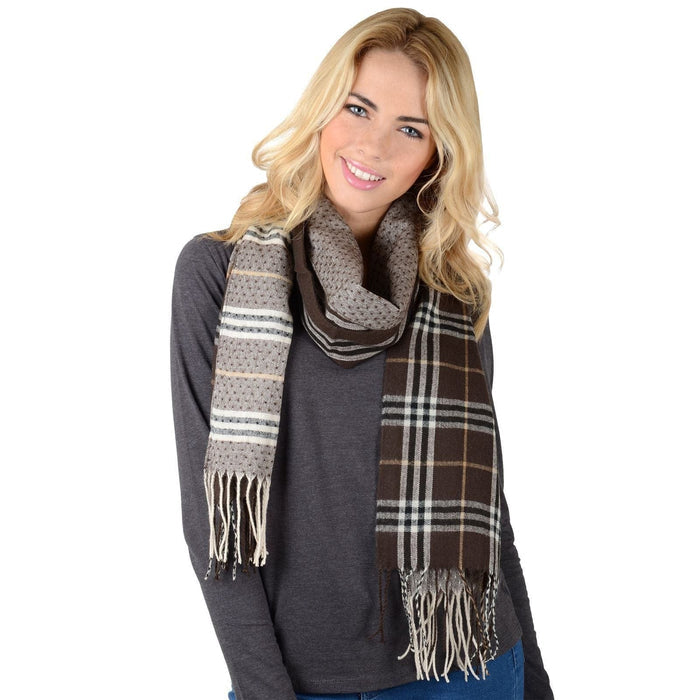 Bulk Pack 12 Womens Winter Scarf Brown Check Tartan Soft Woven Fringe