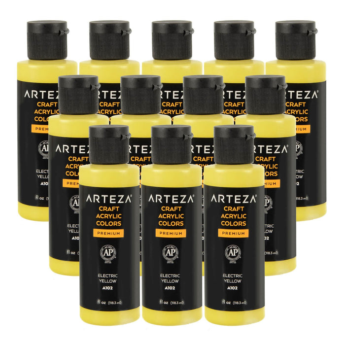 12 bottles of yellow acrylic paint on a white background