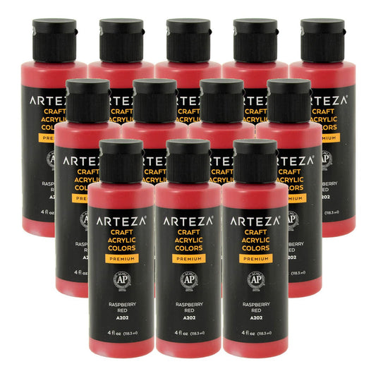 12 bottles of raspberry red acrylic paint on a white background