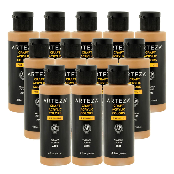 12 bottles of yellow ochre acrylic paint on a white background
