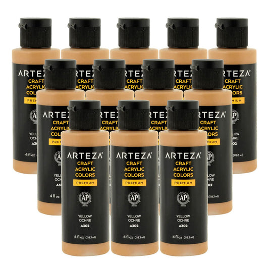 12 bottles of yellow ochre acrylic paint on a white background