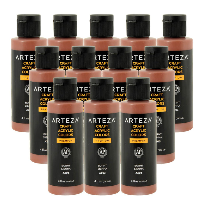 12 bottles of burnt sienna acrylic paint on a white background