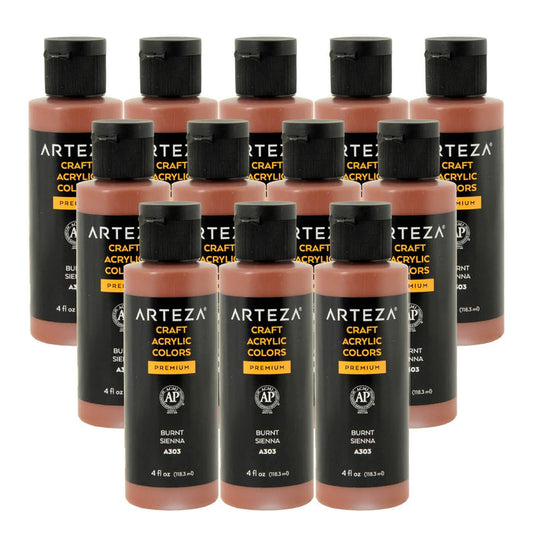 12 bottles of burnt sienna acrylic paint on a white background