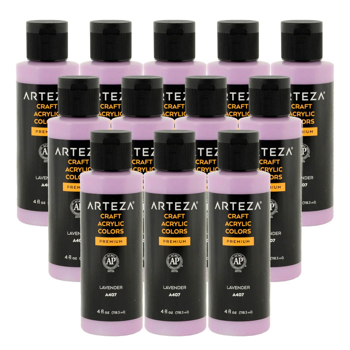 12 bottles of Lavender purple acrylic paint on a white background