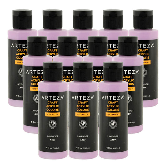 12 bottles of Lavender purple acrylic paint on a white background