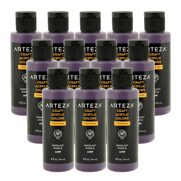 12 bottles of purple acrylic paint on a white background