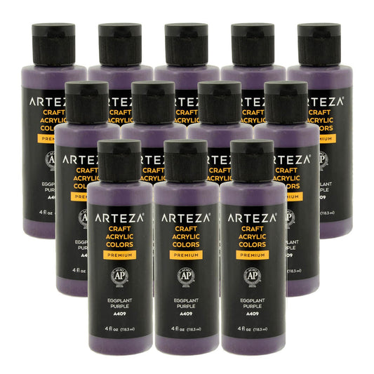 12 bottles of purple acrylic paint on a white background